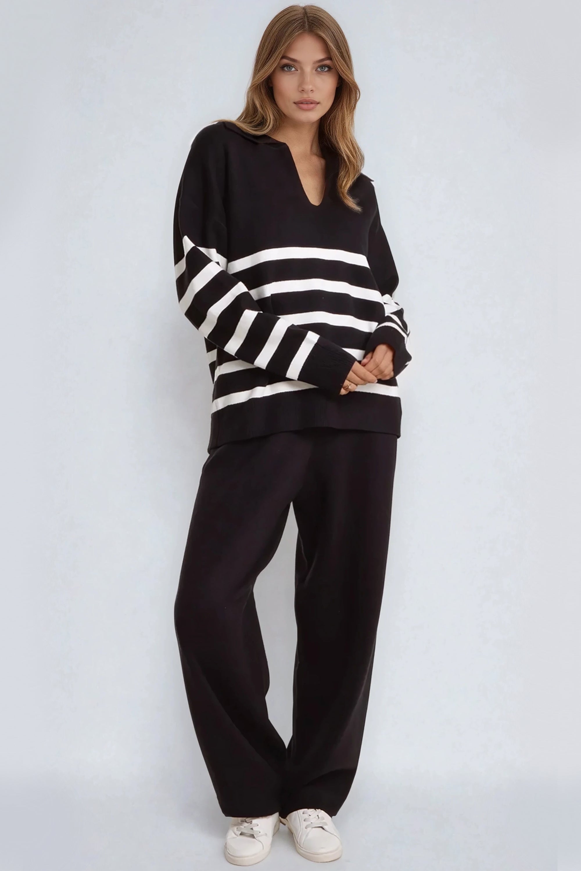Black Striped Jumper & Trouser Knitted Set