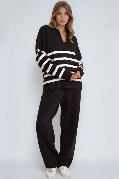 Black Striped Jumper & Trouser Knitted Set