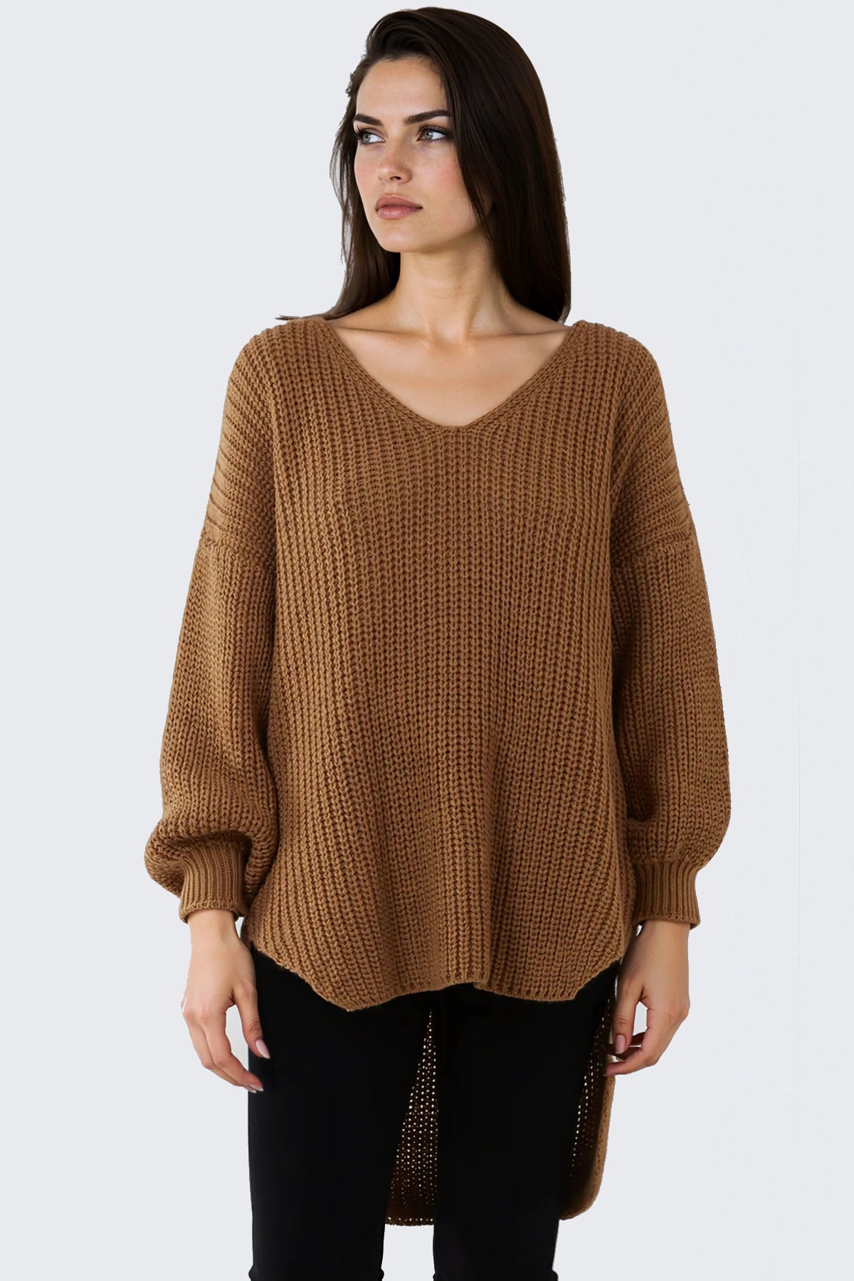 Brown Oversized V-Neck Chunky Knit Jumper