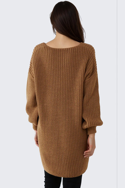 Brown Oversized V-Neck Chunky Knit Jumper
