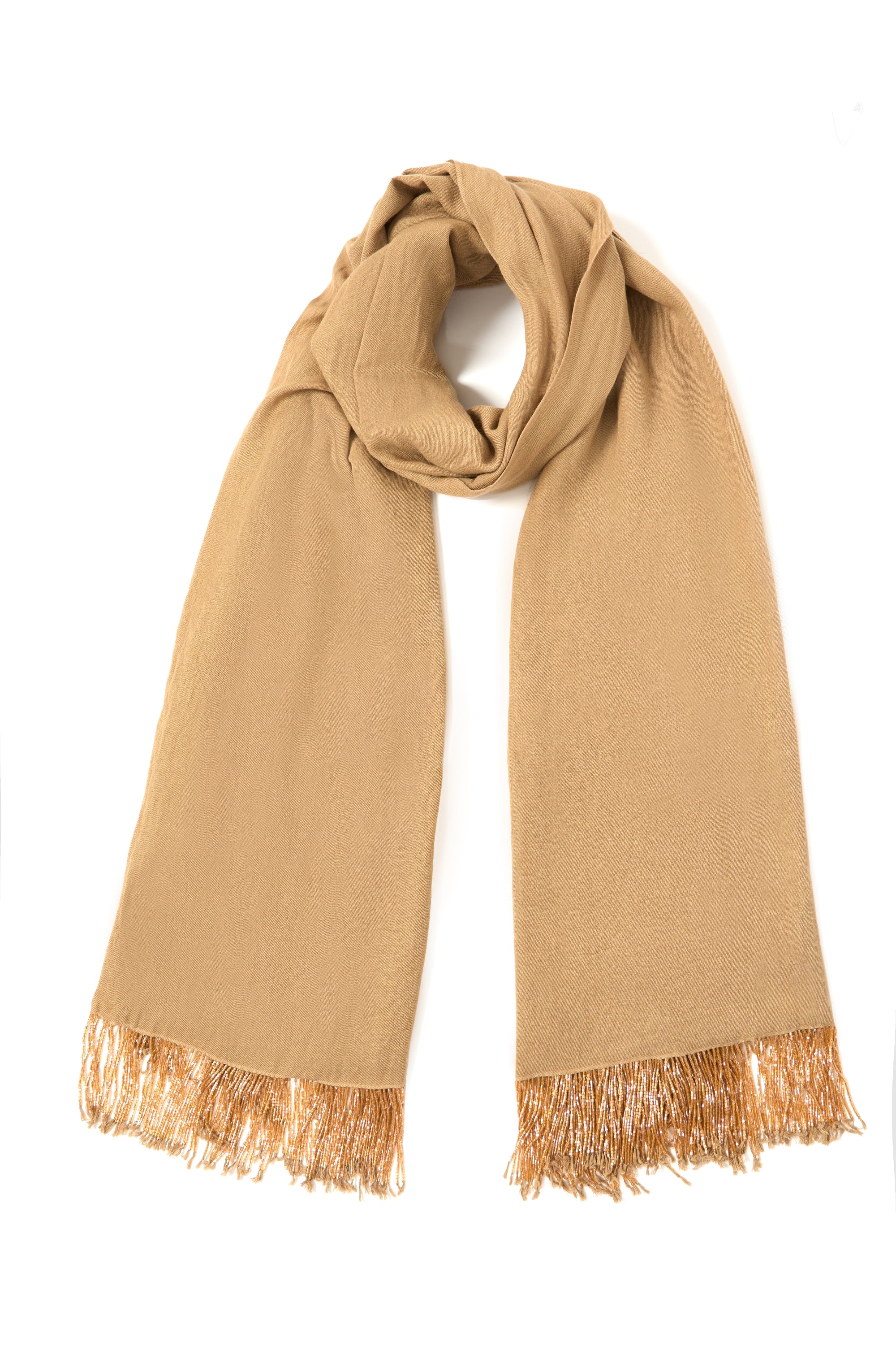 Beige Pashmina Shawl with Beaded Tassels
