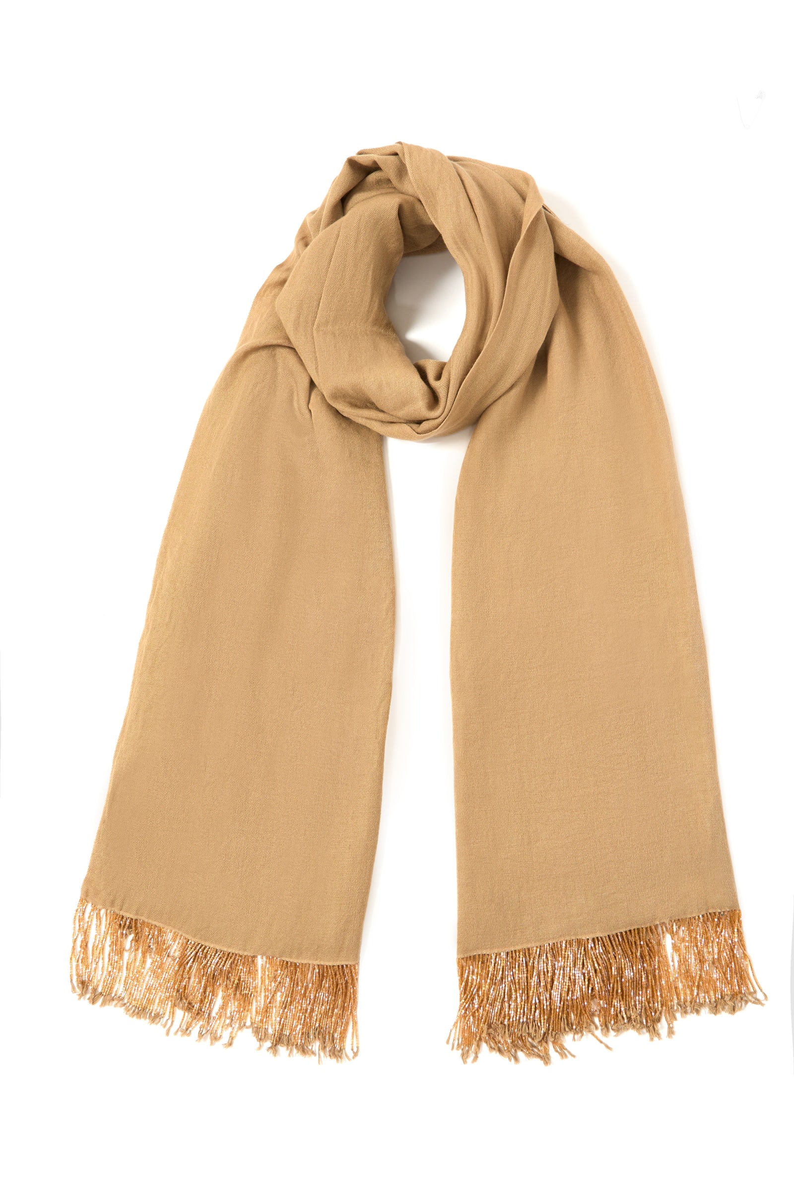 Beige Pashmina Shawl with Beaded Tassels
