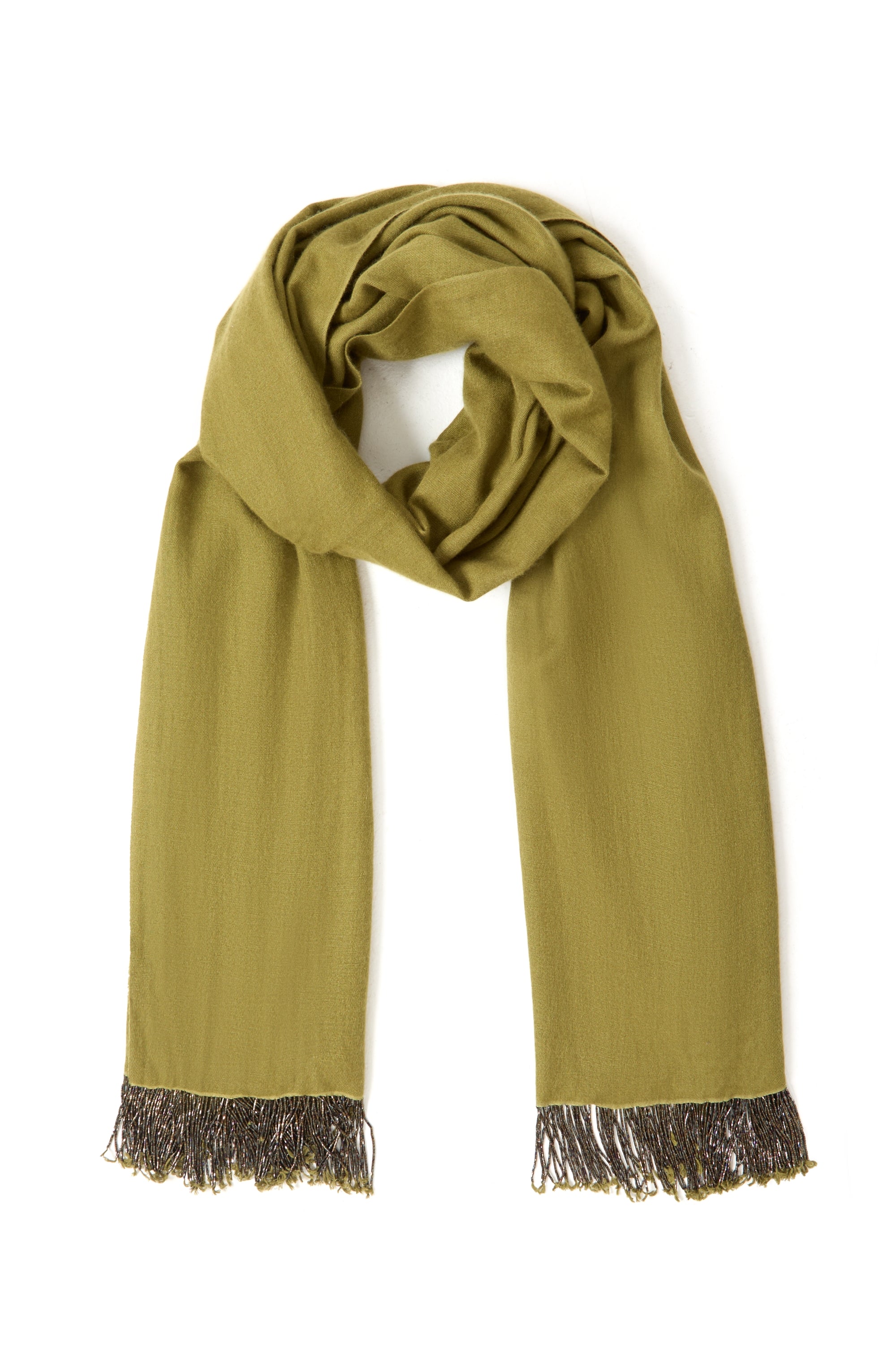 Khaki Pashmina Shawl with Beaded Tassels