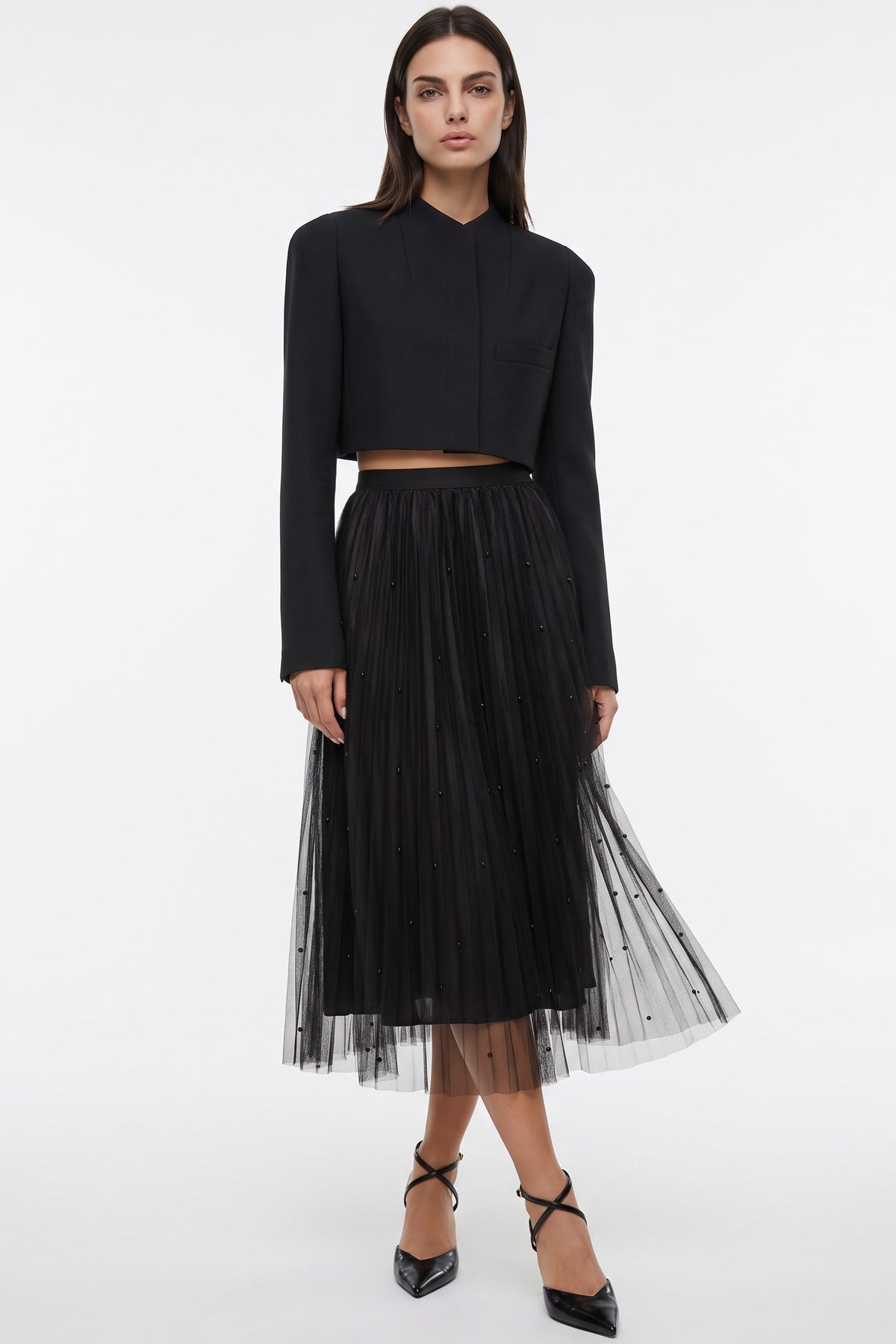 Black Pearl Embellished Mesh A‑Line Midi Skirt