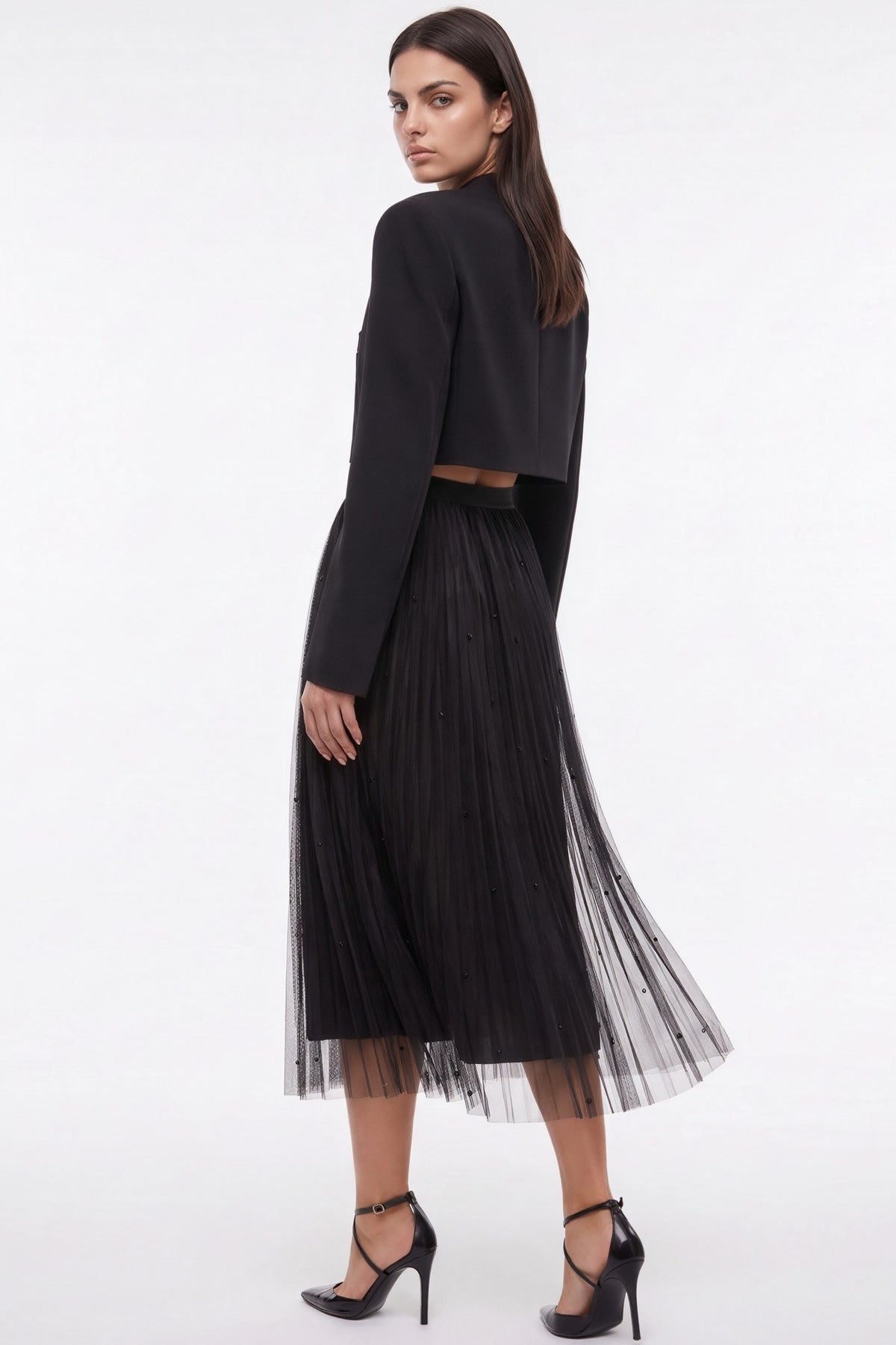 Black Pearl Embellished Mesh A‑Line Midi Skirt