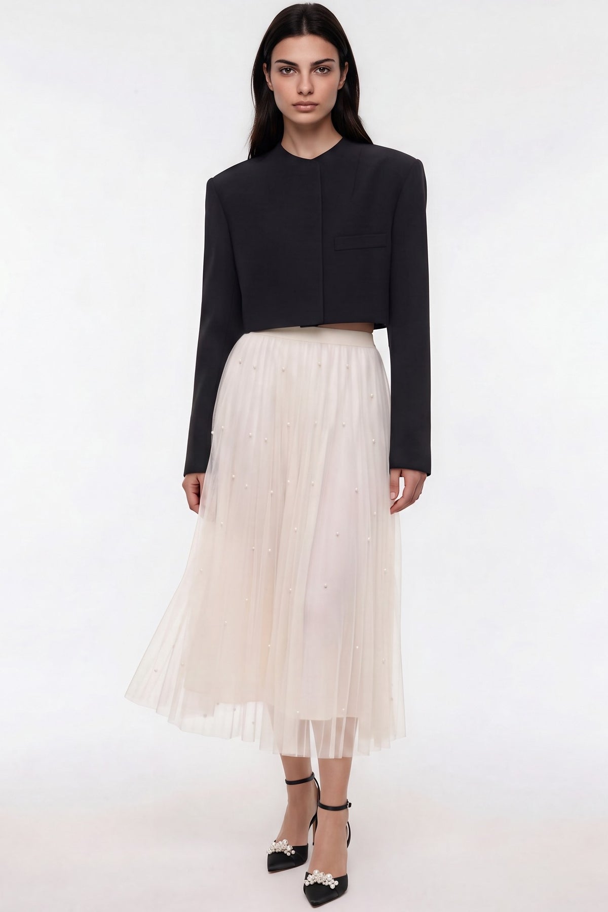 Ivory Pearl Embellished Mesh A‑Line Midi Skirt
