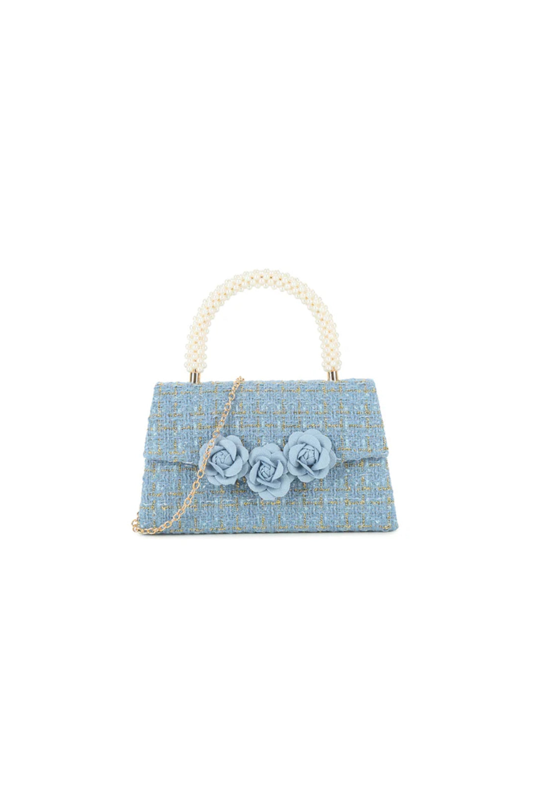 Light Blue Pearl Top Handle Evening Bag with Detachable Chain