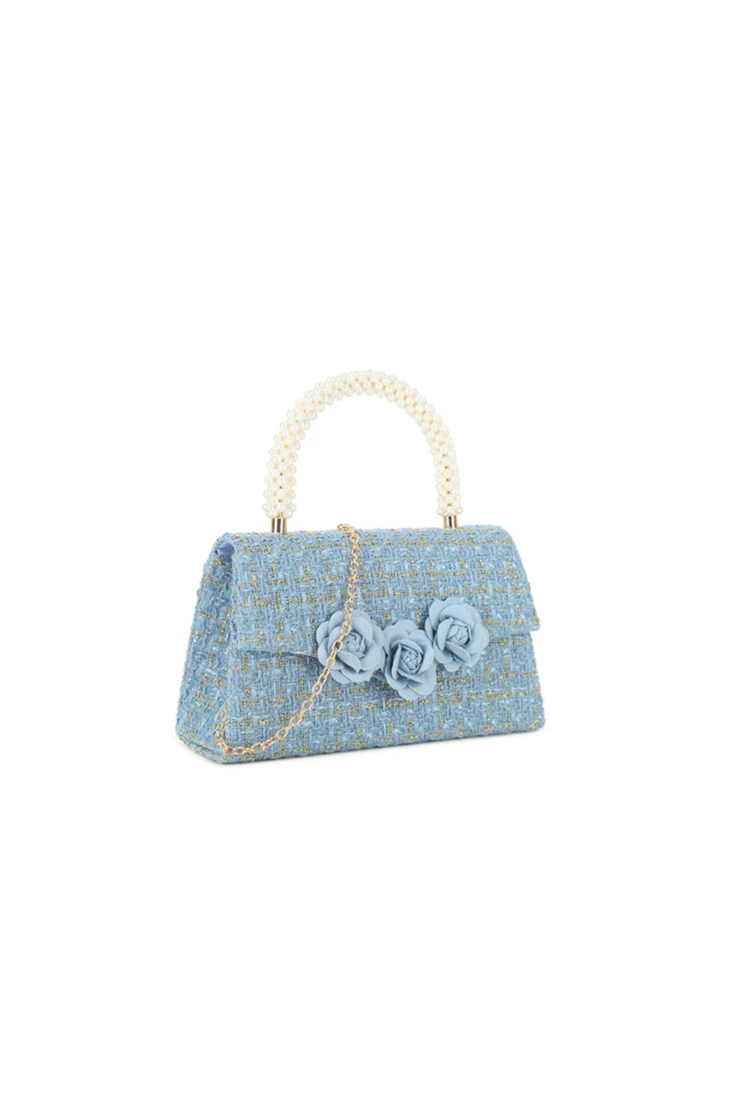 Light Blue Pearl Top Handle Evening Bag with Detachable Chain