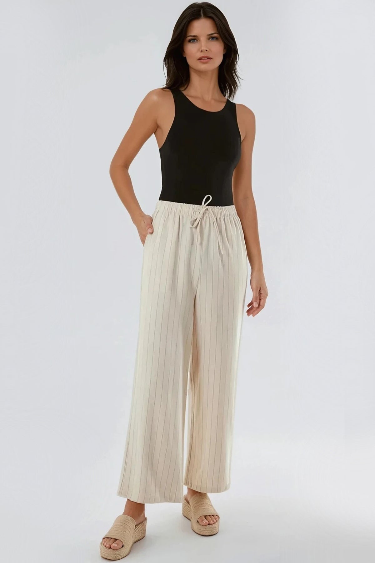 Beige Linen Blend Pin Striped Wide Leg Trousers
