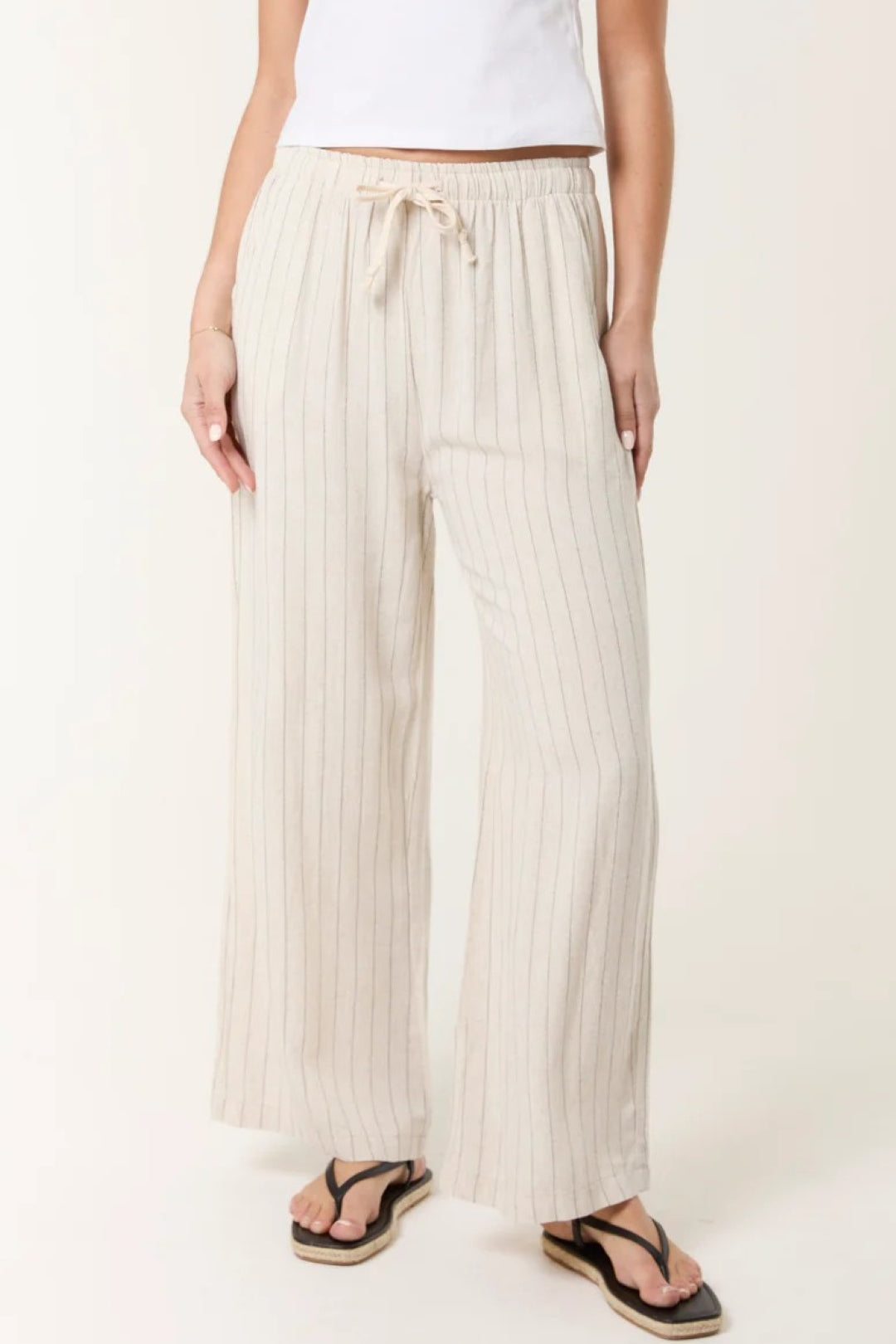 Beige Linen Blend Pin Striped Wide Leg Trousers