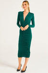 Green Plunge Neck Ruched Midi Dress
