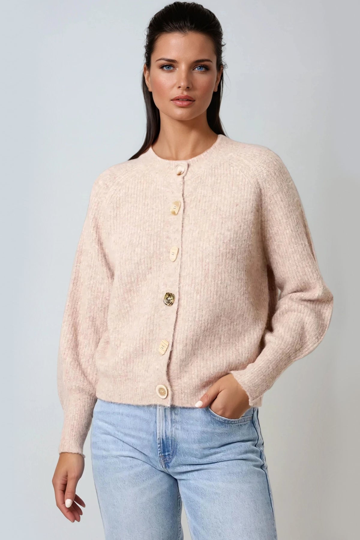 Beige Wool Blend Ribbed Knitted Cardigan