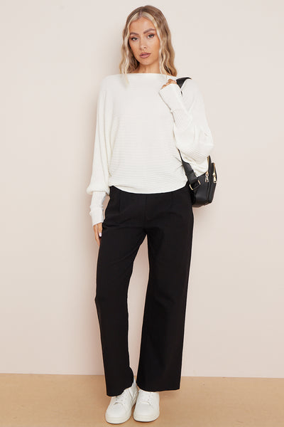 White Ribbed Batwing Jumper