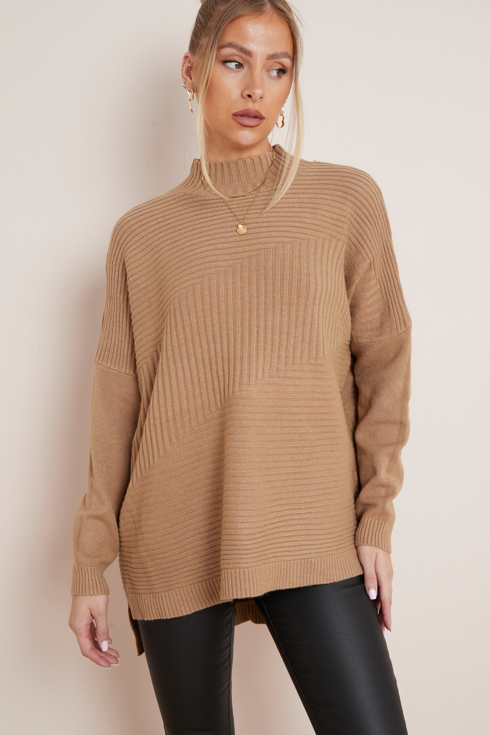 Camel High Neck Ribbed Jumper