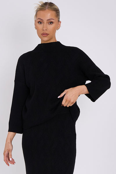 Black Knit Pattern Midi Skirt