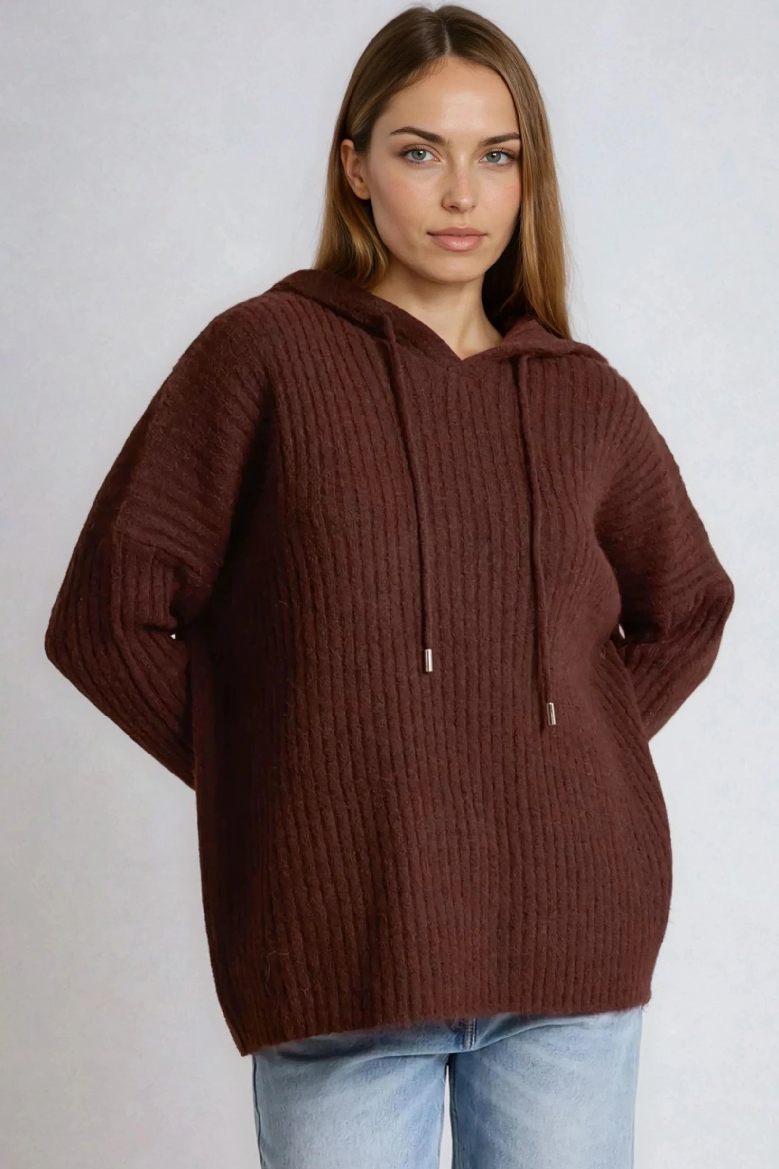 Brown Ribbed Soft Knit Hoodie