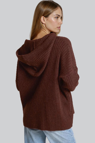 Brown Ribbed Soft Knit Hoodie
