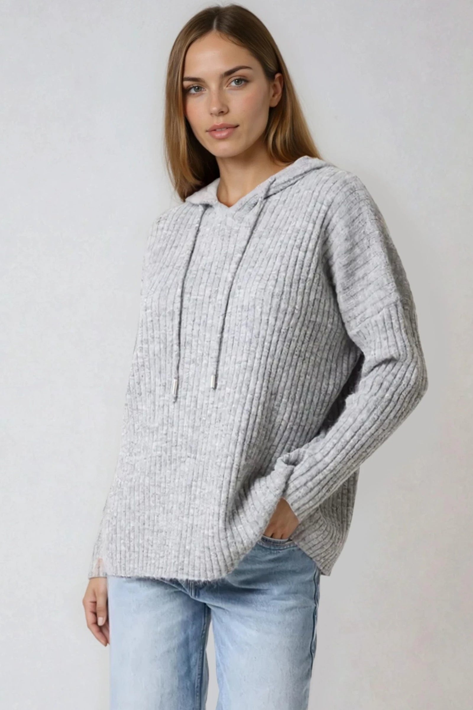 Grey Ribbed Soft Knit Hoodie