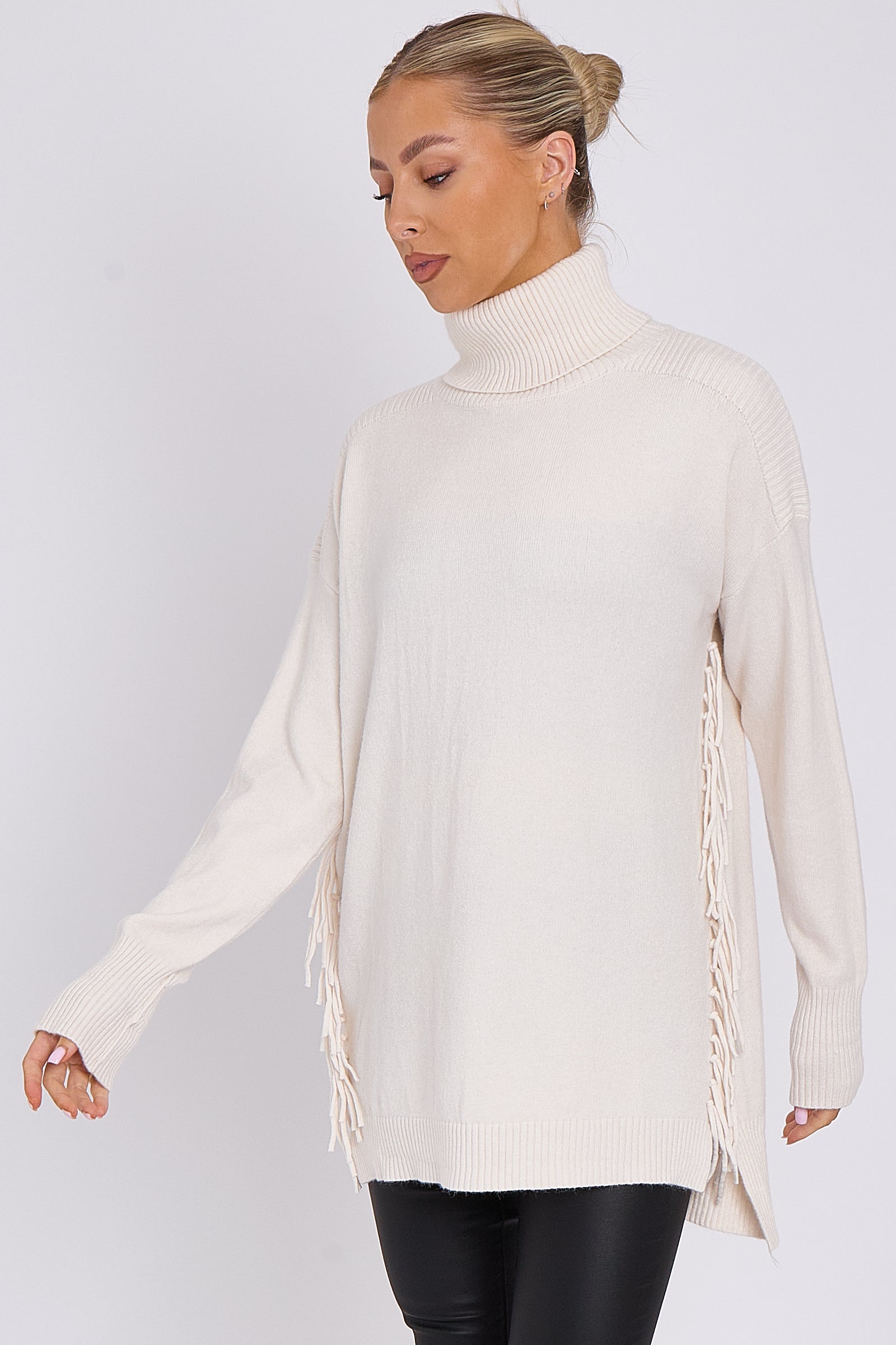 Cream Roll Neck Jumper with Tassels Aftershock London
