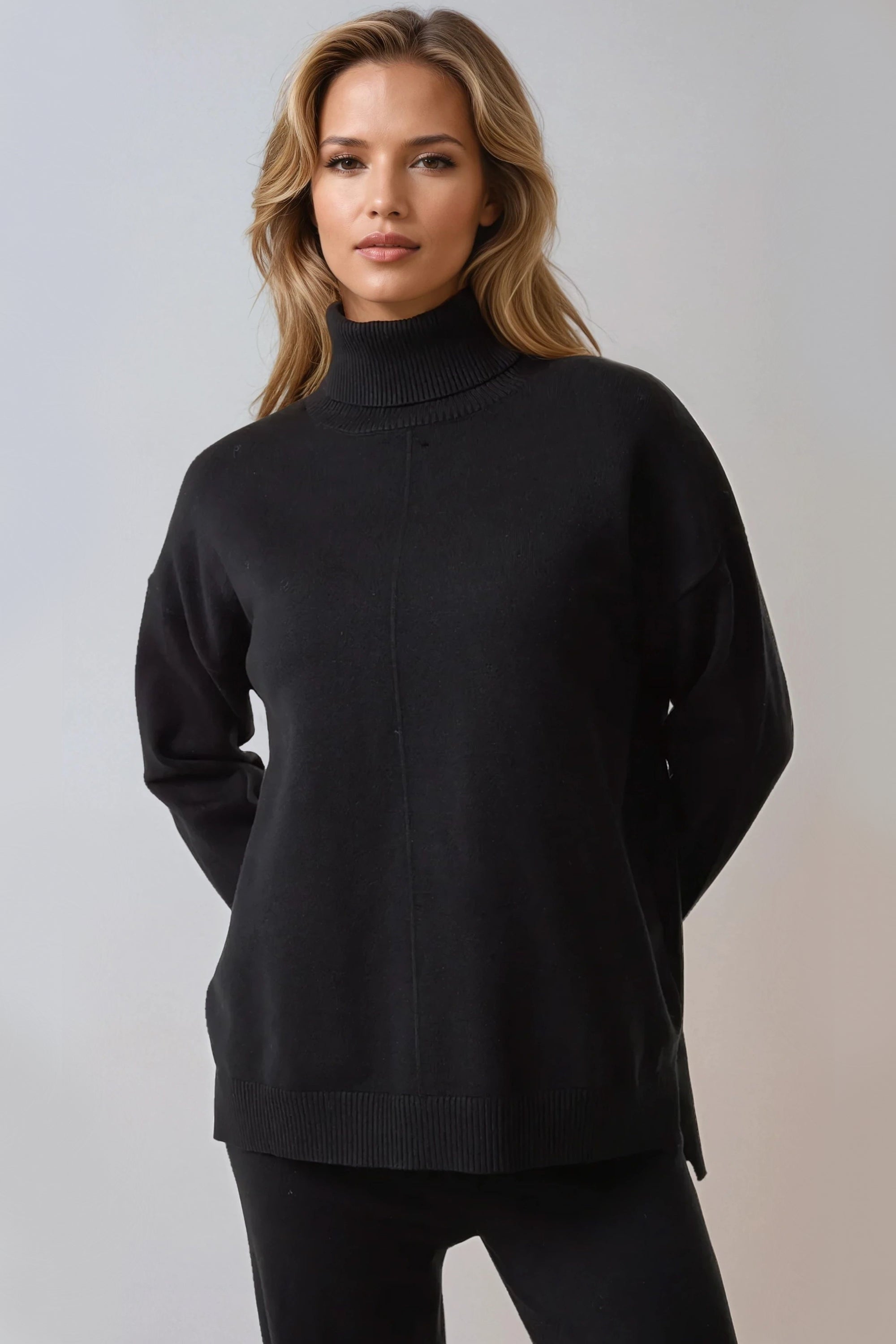 Black Knitted Roll Neck Jumper & Trouser Set