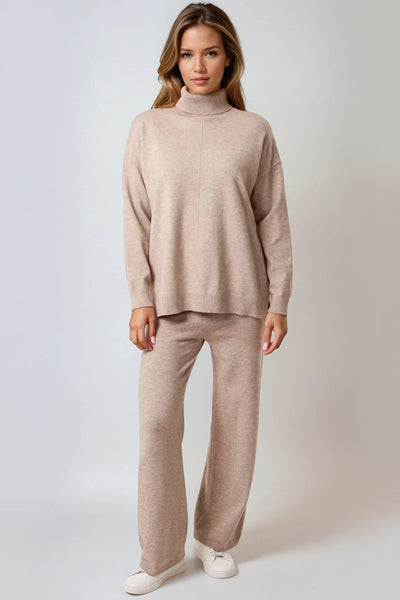 Mocha Knitted Roll Neck Jumper & Trouser Set