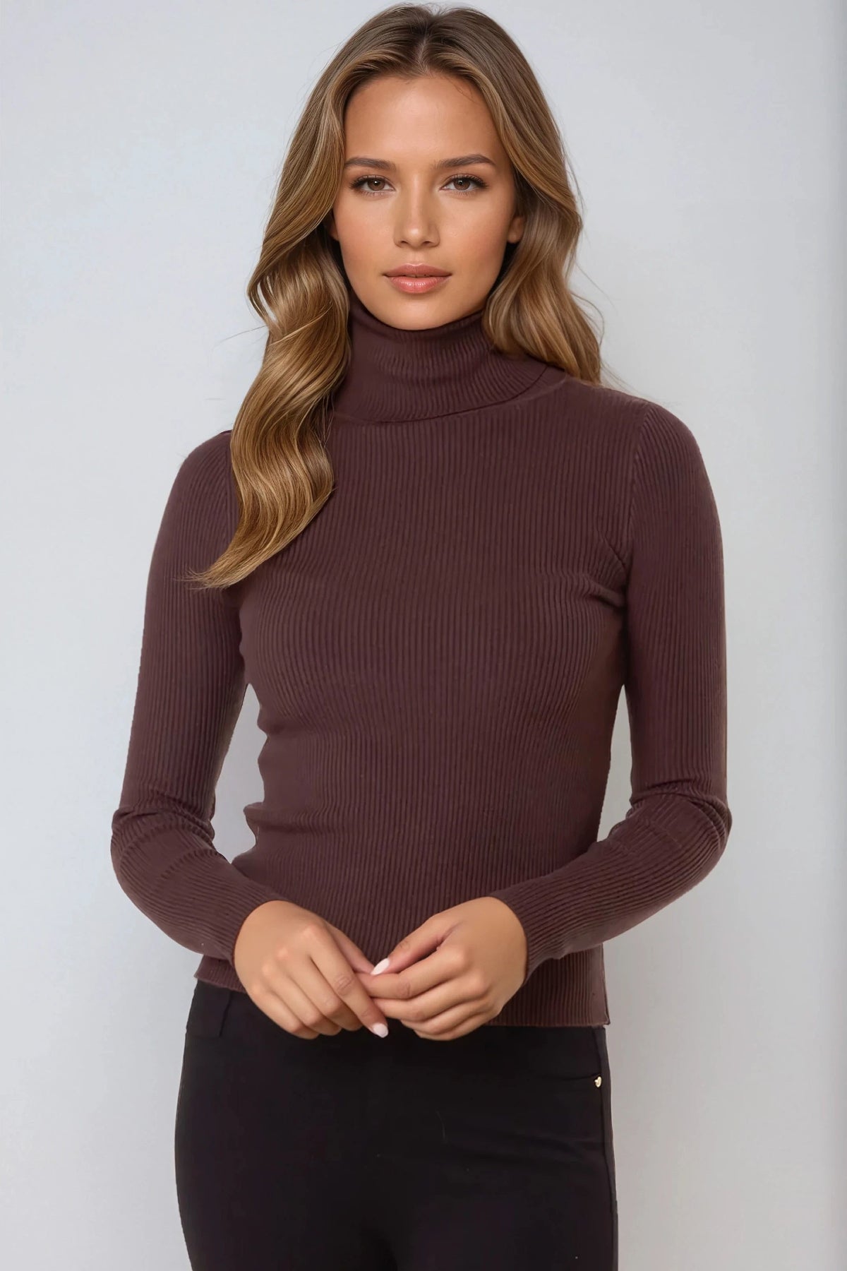 Brown Roll Neck Ribbed Jumper