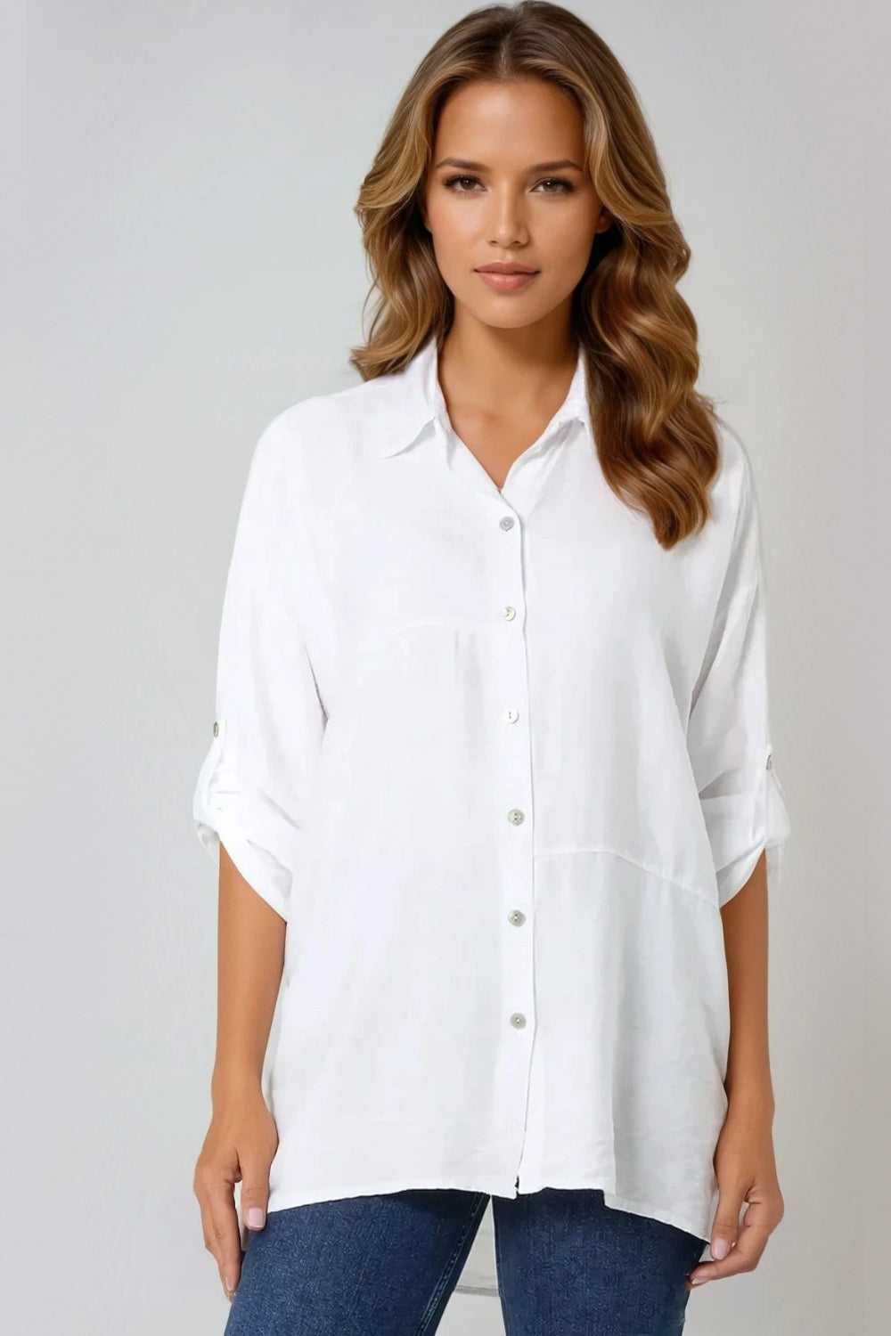 White Relaxed Fit Roll Sleeve Shirt