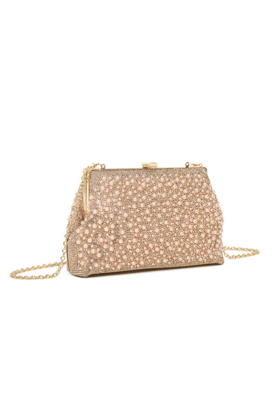 Rose Gold Pearl Embellished Clutch Bag