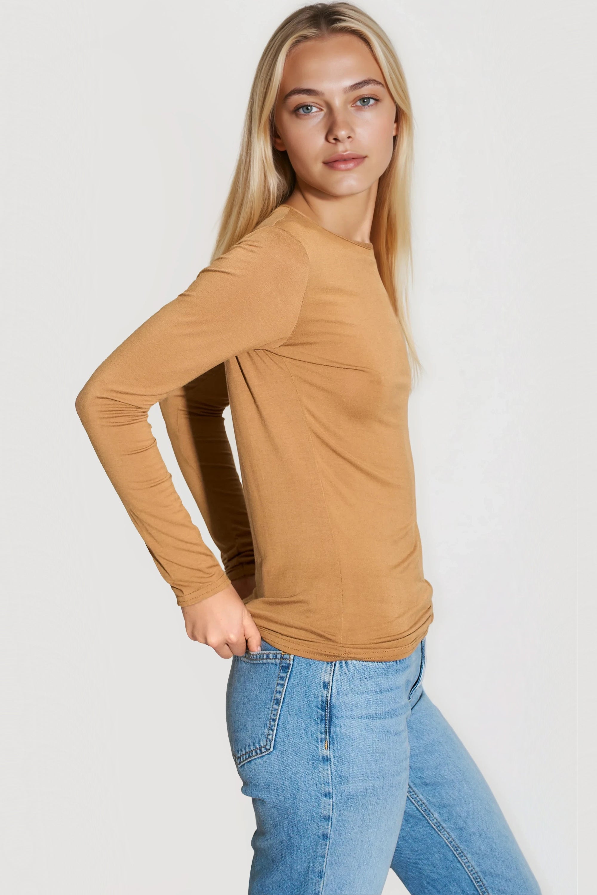 Camel Round Neck Long Sleeve Top