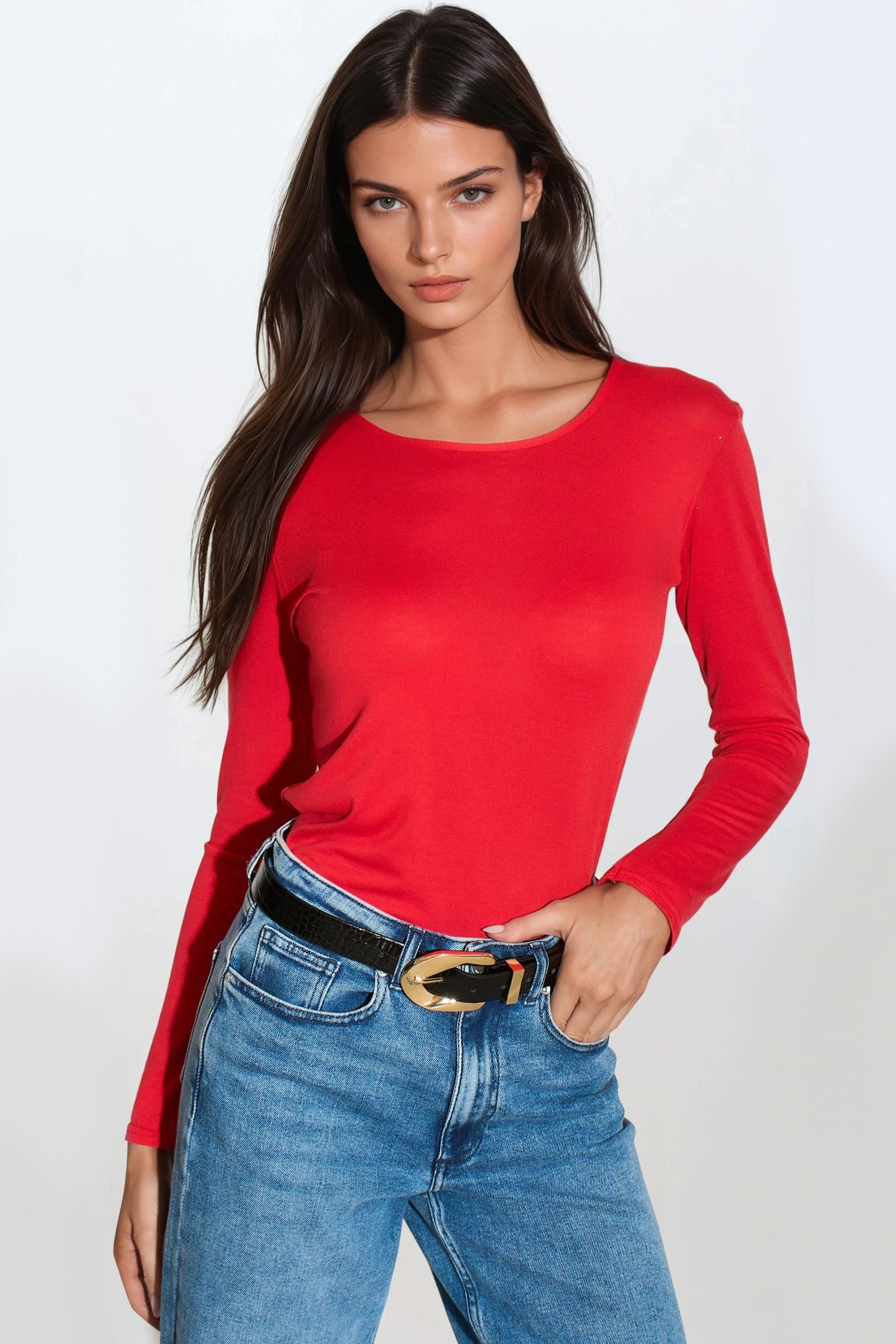 Red Round Neck Long Sleeve Top