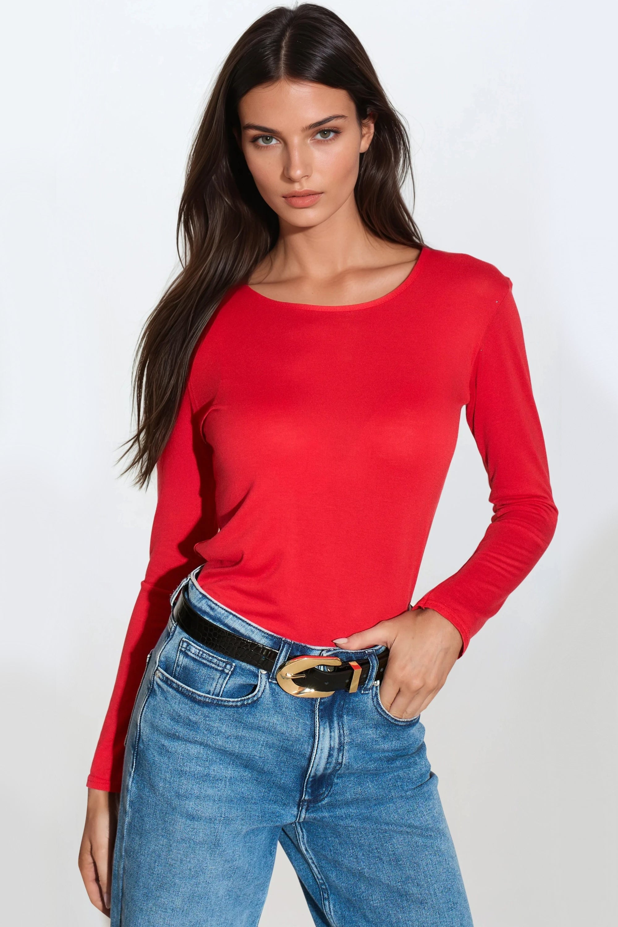 Red Round Neck Long Sleeve Top