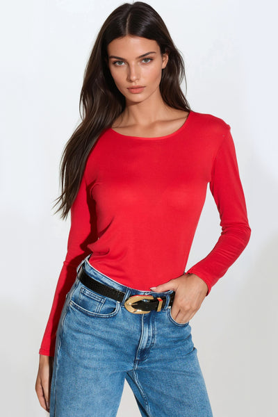 Red Round Neck Long Sleeve Top