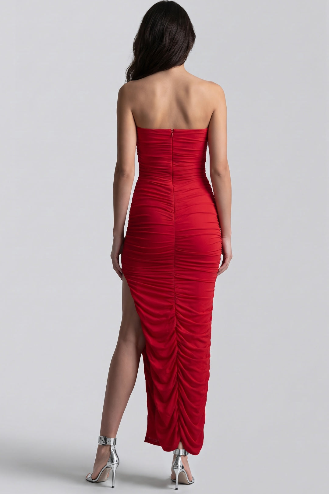 Red Strapless Ruched Maxi Dress with High Slit