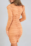 Beige Ruched Mesh Bodycon Mini Dress