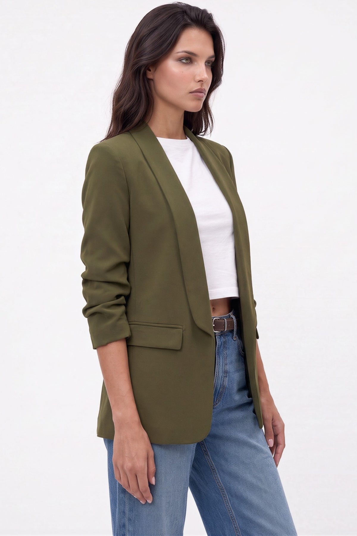 Khaki Blazer with Ruched Sleeves