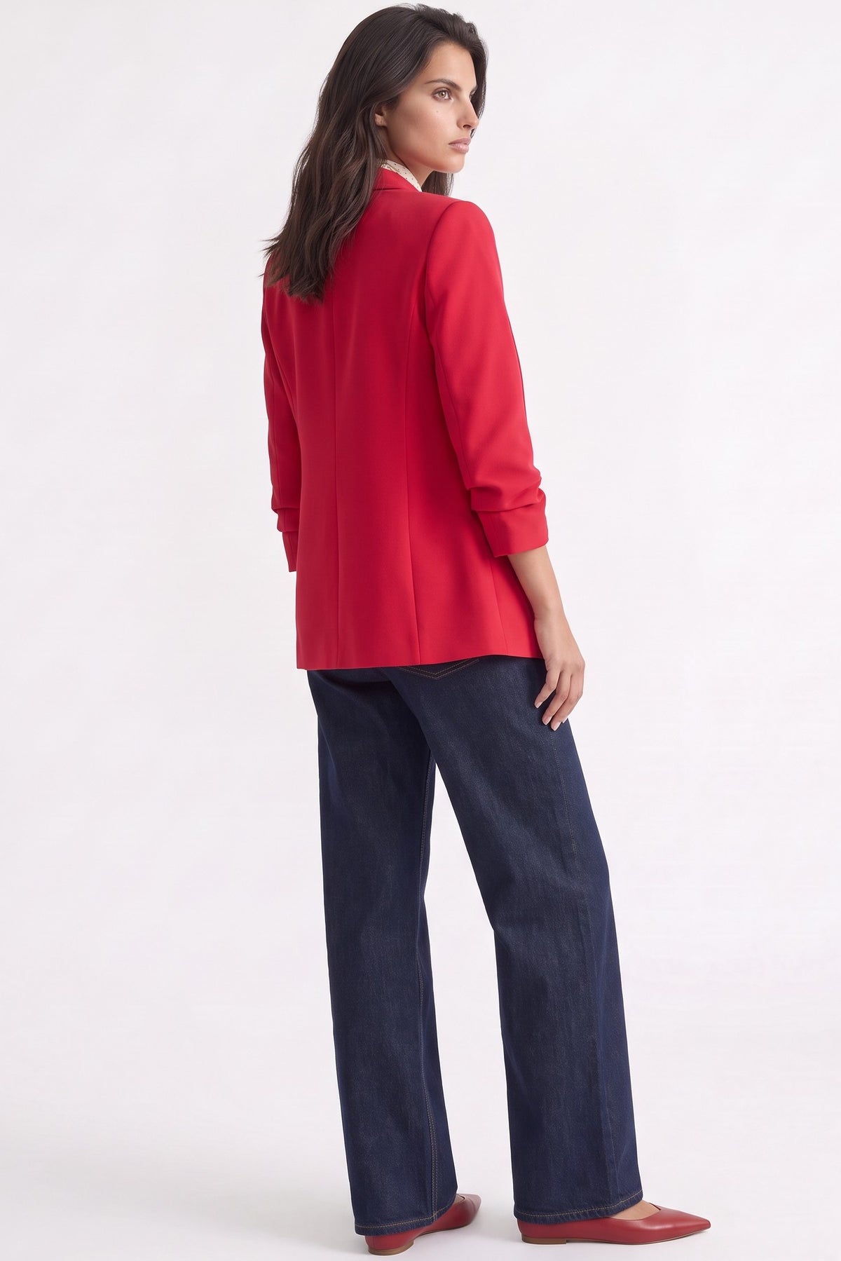 Red Blazer with Ruched Sleeves