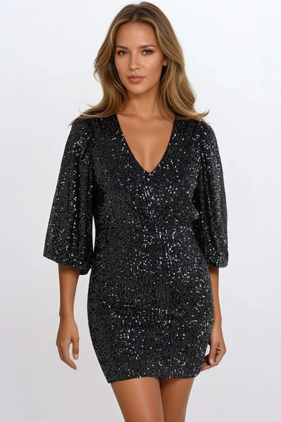 Black Sequin V Neck Mini Dress