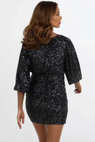 Black Sequin V Neck Mini Dress