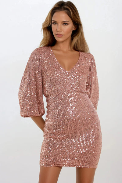 Bronze Sequin V Neck Mini Dress