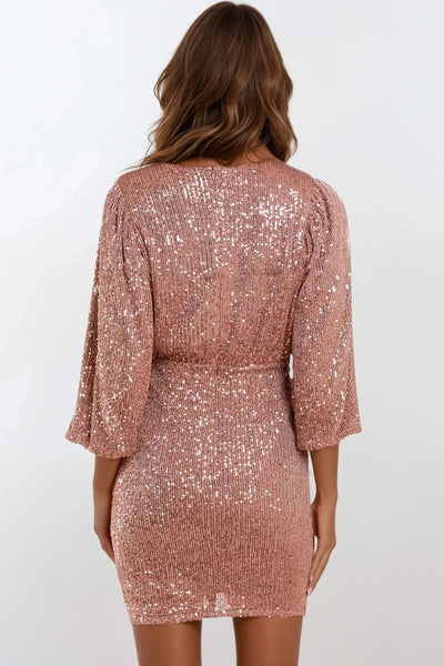 Bronze Sequin V Neck Mini Dress