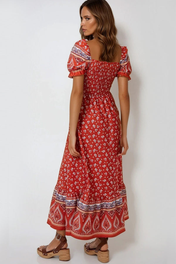 Orange Floral Chiffon V-Neck Long Sleeve Maxi Dress