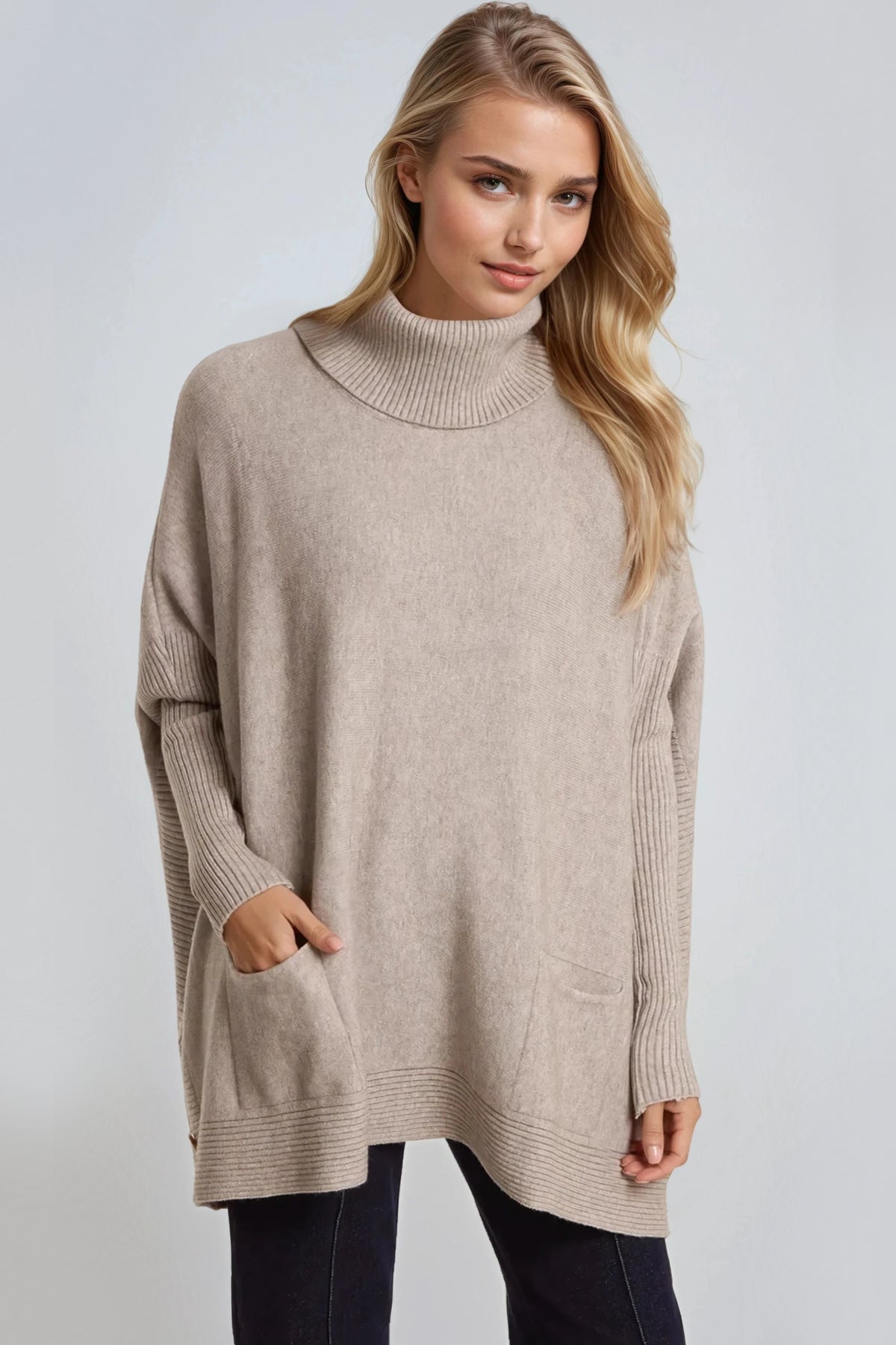 Mocha Roll Neck Jumper Poncho With Side Buttons