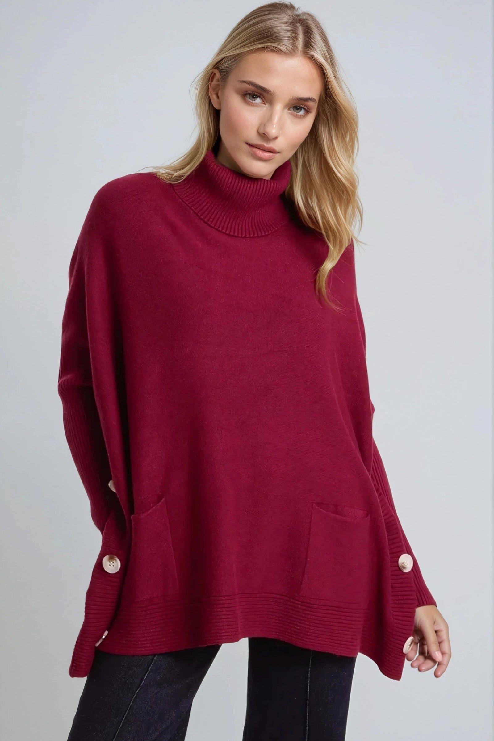 Burgundy Roll Neck Jumper Poncho With Side Buttons