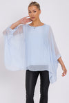 Light Blue Silk Batwing Sleeve Top Blouse