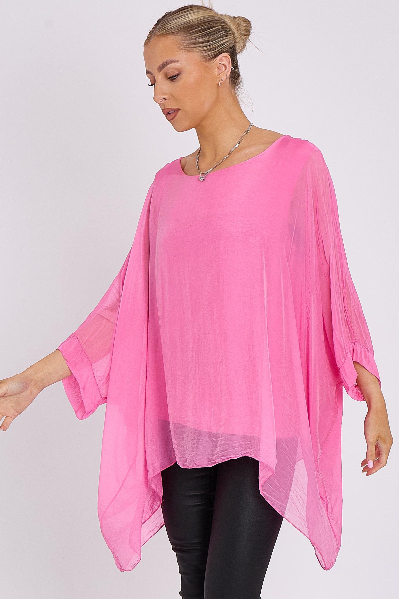 Pink Silk Batwing Sleeve Top Blouse