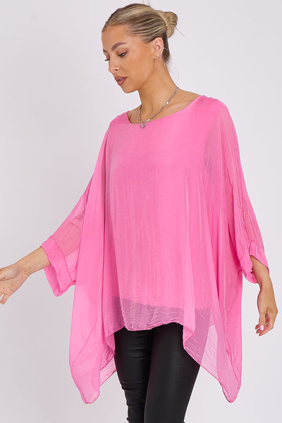 Pink Silk Batwing Sleeve Top Blouse