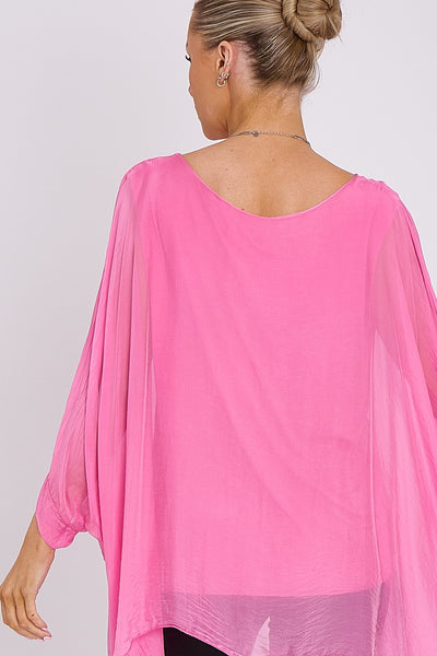 Pink Silk Batwing Sleeve Top Blouse