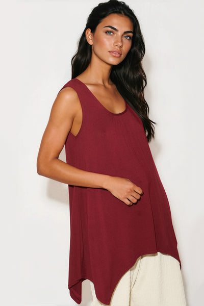 Wine Sleeveless Top With Asymmetric Hem