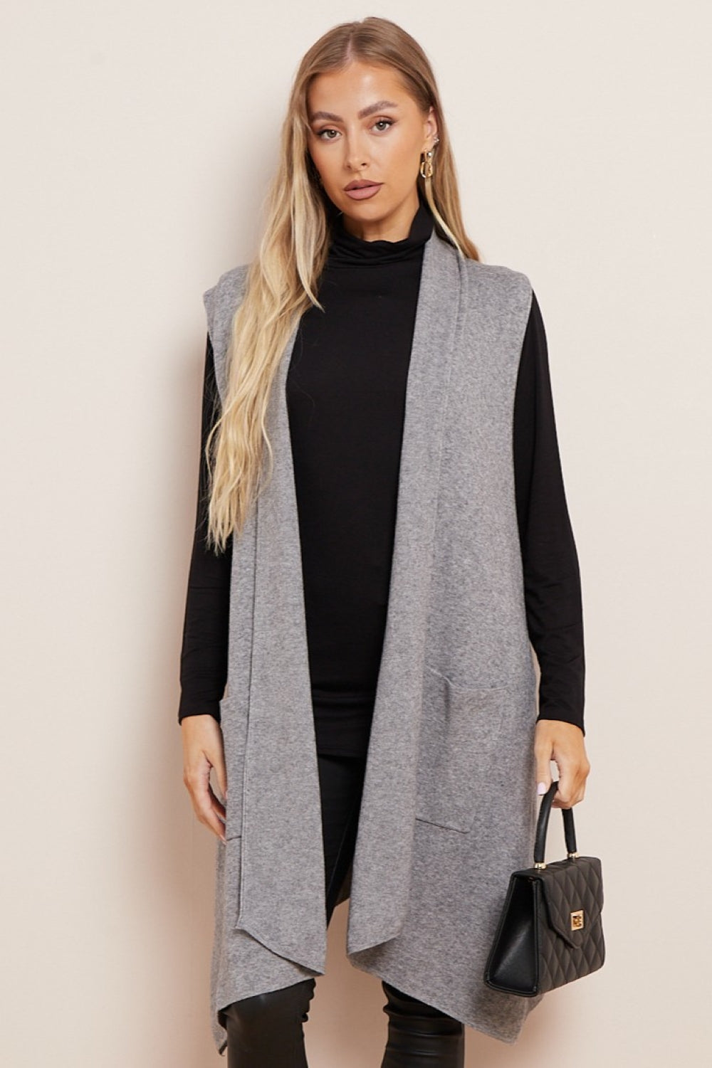 Charcoal Soft Knit Sleeveless Long Cardigan