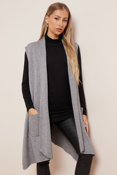 Charcoal Soft Knit Sleeveless Long Cardigan